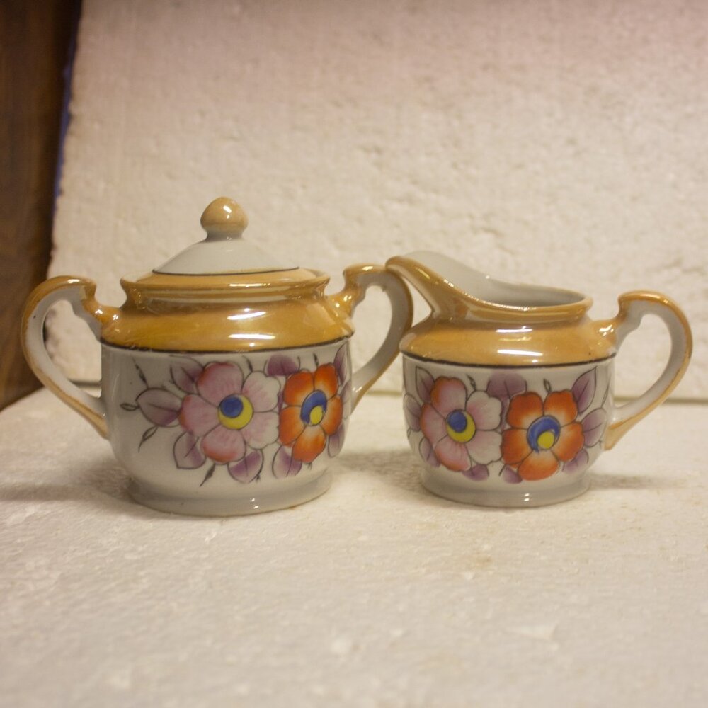 Vintage Trico Lusterware Sugar Bowl with Lid and Creamer Handpainted